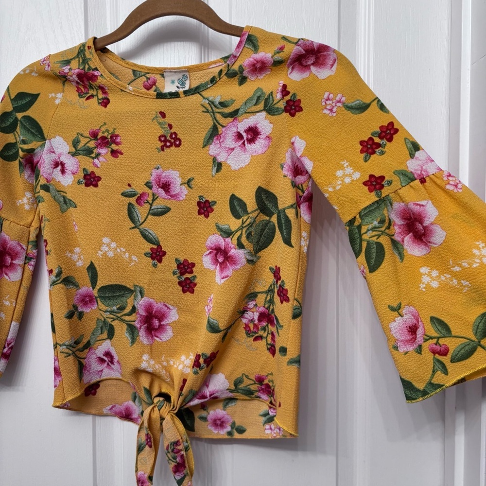 Mustard Floral Tie-Front Top | Lily Bleu Girls L (14) - Picture 4 of 8
